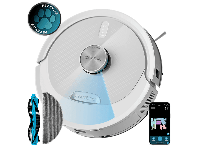 Robot aspirateur - Cecotec Conga M60 Pearl, Navegación láser, 13000 Pa, hasta 200 min, App, Bluetooth y Wi-Fi 2, 4 GHz, Réservoir 350 ml/460 ml, Pearl