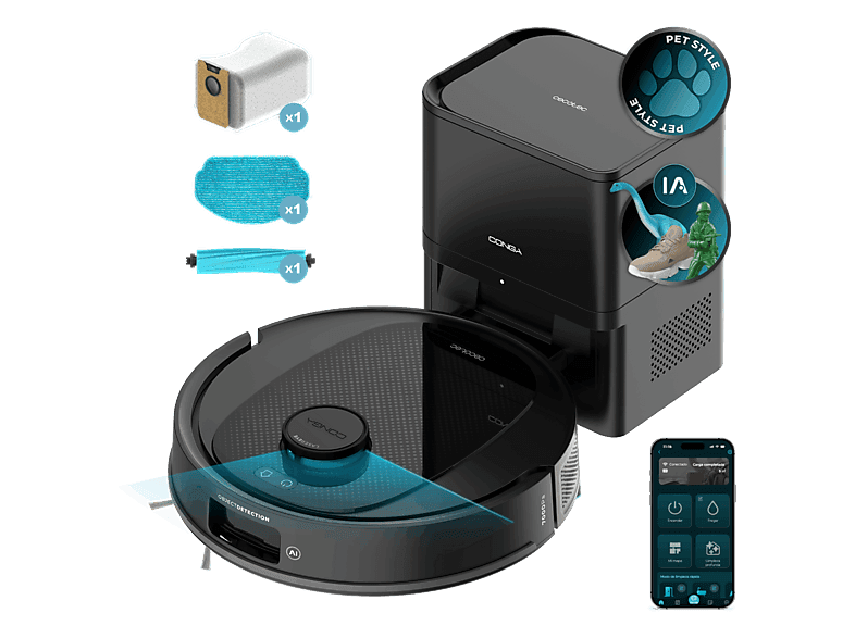 Robot laveur de sols - Cecotec Conga Y80, Navegación inteligente, Programable, 13000 Pa Aspiration, Base de 2, 5L, Cepillo para mascotas, Noir
