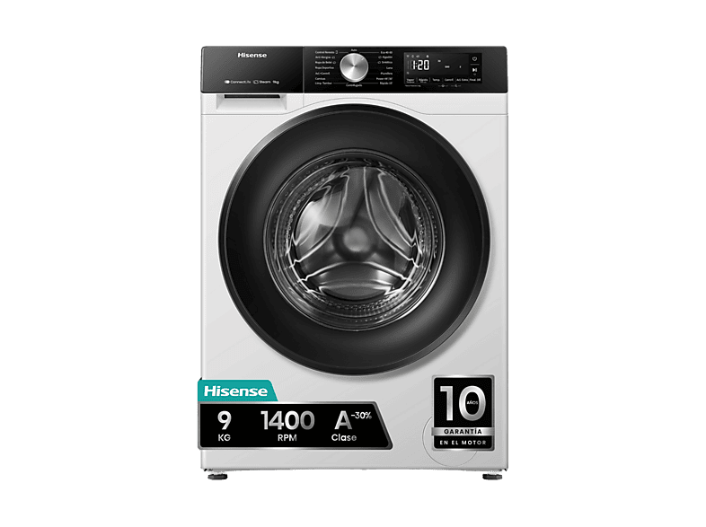 Lave-linge hublot - Hisense WF3S9043BW3, 9 Kg, 1400 rpm, 14 programmes, Wi-Fi&Bluetooth, Clase A-30%, Blanc