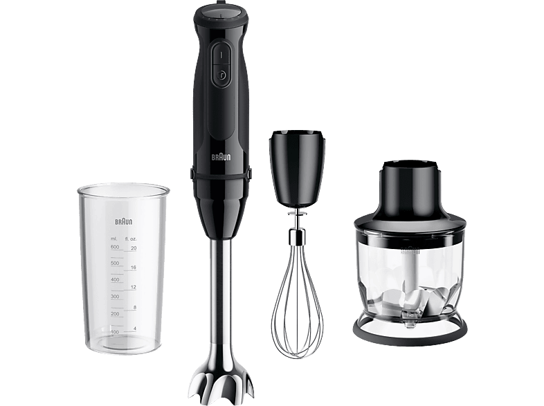 Mixeur plongeant - Braun Minipimer MultiQuick 5 MQ50202MBK, 1000W, 0.6 l, SplashControl, EasyClick Plus, 21 vitesses, 2 accesorios+Picadora, Noir