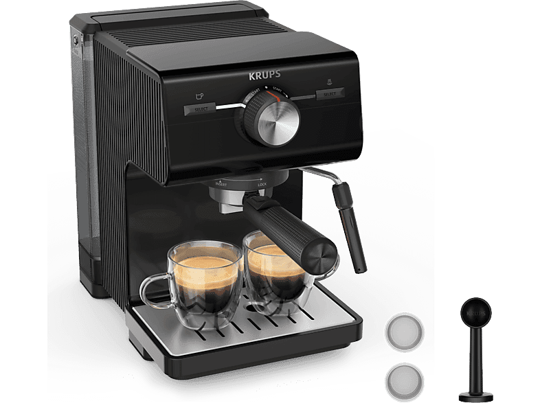 Machine à café expresso - Krups XP381810, 15 bares, Réservoir 2 L, Espumador de leche, Noir