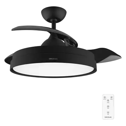 Ventilateur de plafond avec éclairage - Cecotec EnergySilence Aero 4280 Invisible Black, 40W, 6 vitesses, Aspas retráctiles, 3 tonos luz, Minuterie, Black