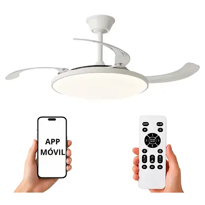 Ventilateur de plafond avec éclairage LED - NARVI BRETAÑA WH, 90 V, 6 vitesses, Aspas retráctiles, Blanc