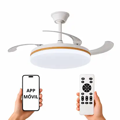 Ventilateur de plafond avec éclairage LED - NARVI RONDA WDN, 75 V, 6 vitesses, Aspas retráctiles, Blanc y Madera Haya